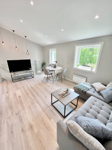 Stue i nyrenovert 2-roms leilighet i Gjøvik – lyse tregulv, lyse grå vegger, moderne møbler og stilrene lysarmaturer, utført av Mjøsbygg